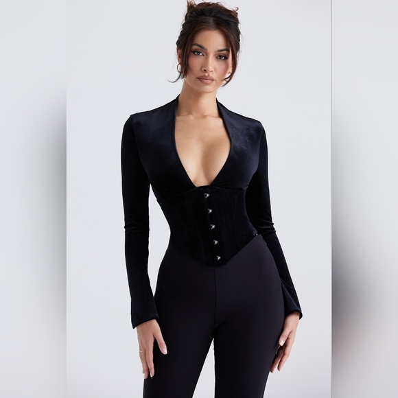 4S. NWT HOUSE OF CB LEONORA BLACK VELVET CORSET TOP - Picture 1 of 4